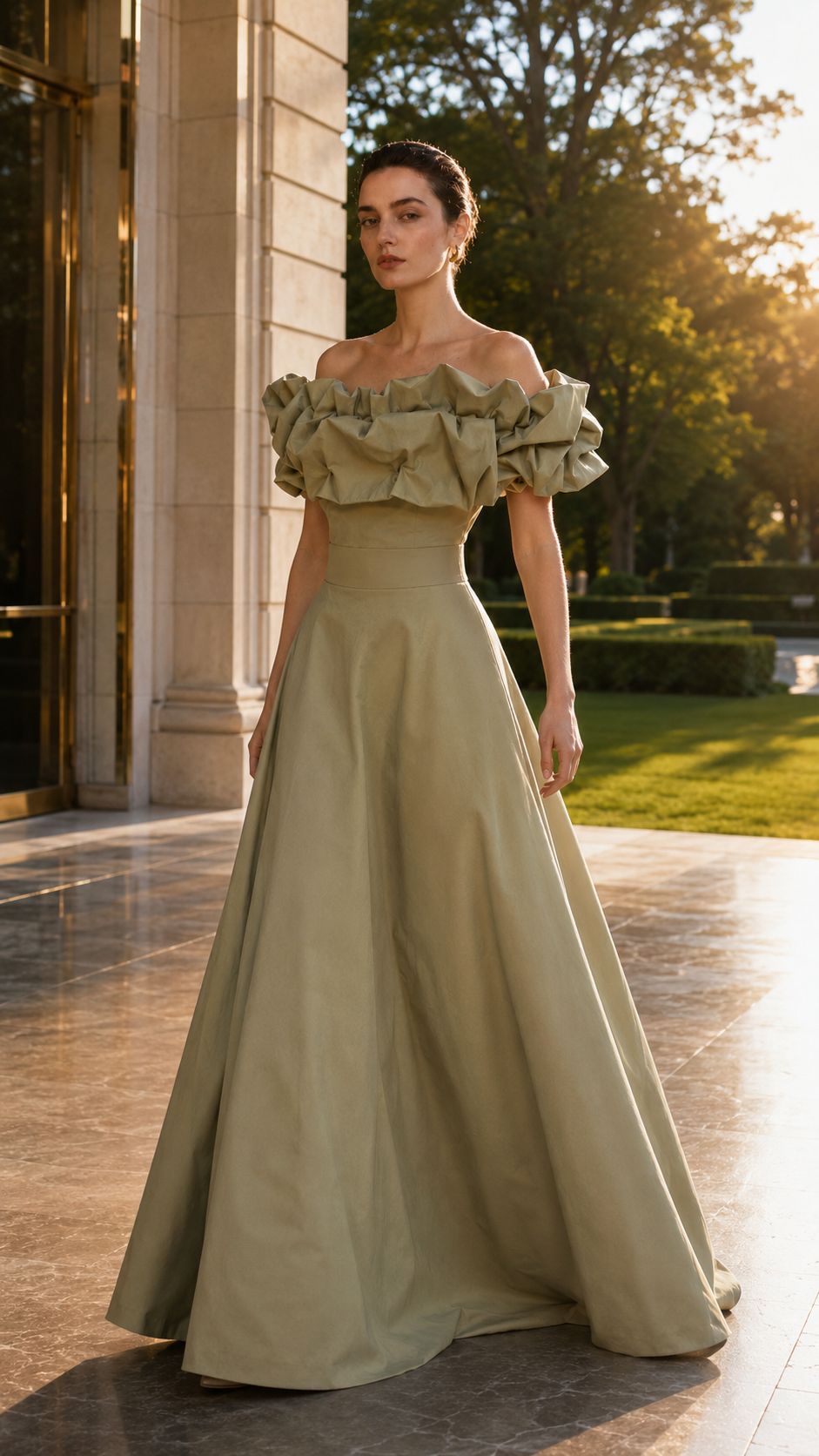 Sage Opulence Ruffle Gown