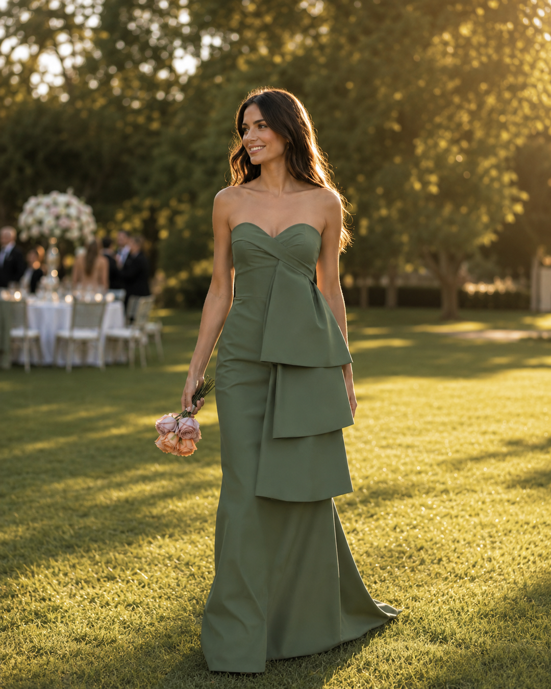 Olive Moss Sculptural Taffeta Evening Gown
