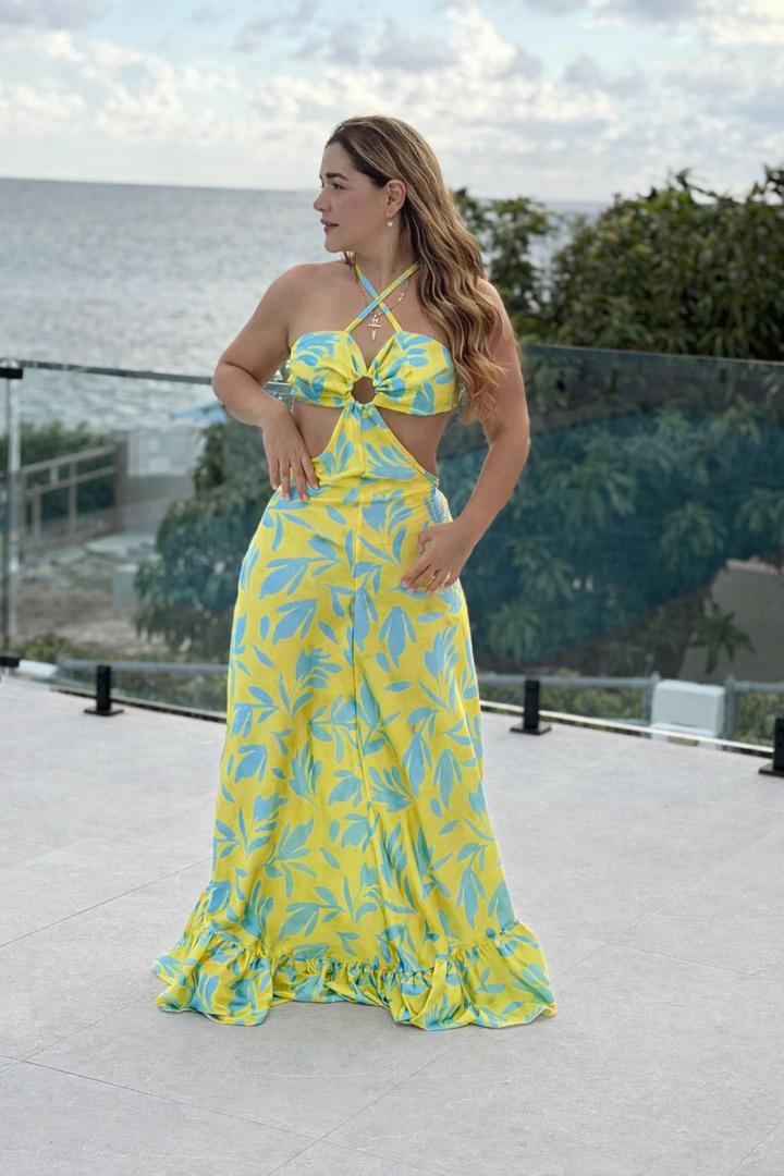 Enterizo Cut-Out Estampado Amarillo y Azul